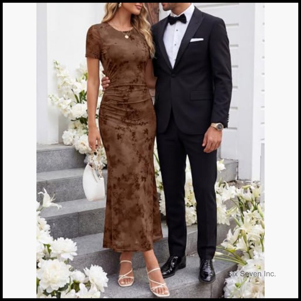 Floral Mesh Bodycon Maxi Dress for Cocktail Party Wedding Guest - Picture 4 of 7